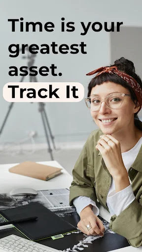Hour Buddy app onboarding screen with smiling freelancer at desk, text 'Time is your greatest asset. Track It'