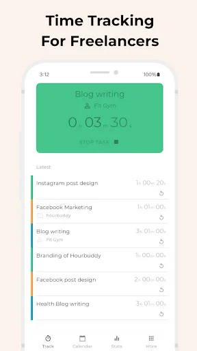 Hour Buddy time tracking interface showing freelancer project list with blog writing timer at 3:30, productivity app
