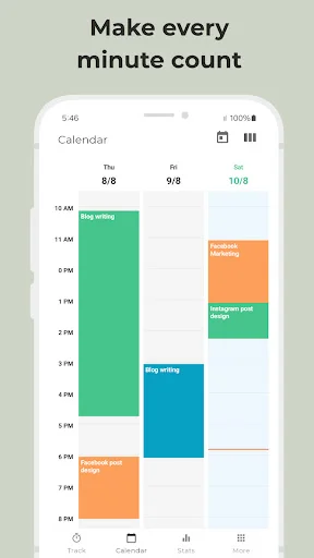 Calendar view in Hour Buddy showing color-coded time blocks for different freelance projects, make every minute count