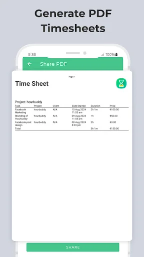 PDF timesheet generation feature in Hour Buddy showing professional time report with share button for freelancers