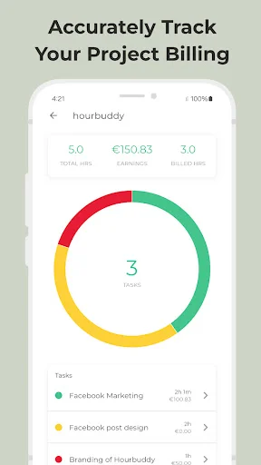 Project billing tracker in Hour Buddy with colorful pie chart showing €150.83 earnings and 3 active freelance tasks