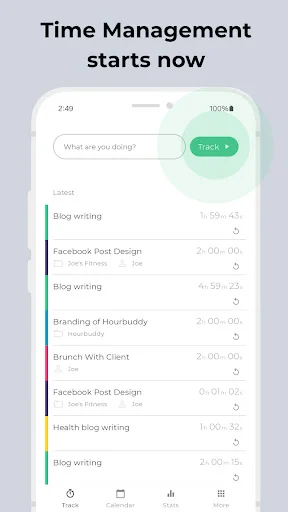 Hour Buddy main tracking screen with 'What are you doing?' prompt and green Track button for time management