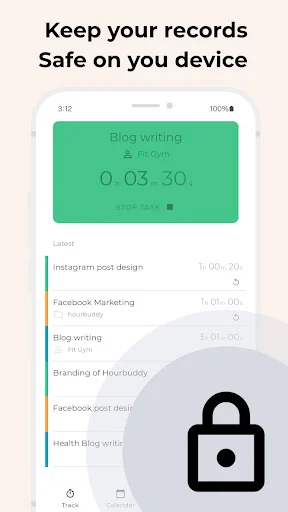 Secure time records in Hour Buddy app showing project list with padlock icon emphasizing data safety on device