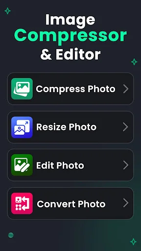 JPEG Image Compressor & Editor app main menu showing four options: Compress Photo, Resize Photo, Edit Photo, Convert Photo