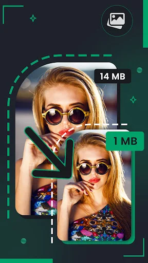 Photo compression preview showing before and after comparison with file sizes 14 MB and 1 MB, demonstrating compression results with sample images