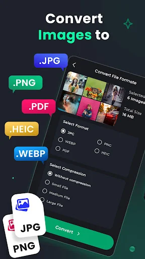 Convert Images to multiple formats screen showing format options including JPG, PNG, PDF, HEIC, and WEBP with conversion quality and compression settings