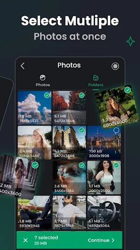 Select Multiple Photos at once interface displaying photo grid with selection checkmarks and file sizes, showing 7 selected photos totaling 20 MB