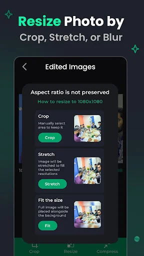 Resize Photo by Crop, Stretch, or Blur options screen showing three editing methods with preview image and corresponding action buttons