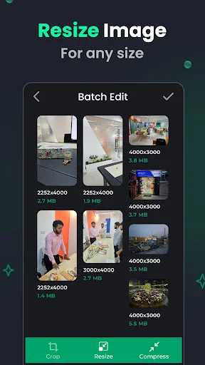 Batch edit interface for resizing images showing photo grid with file sizes and resize, crop, compress options