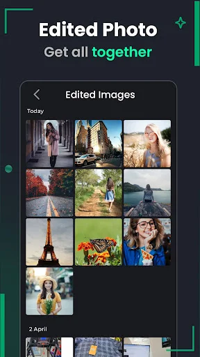 Edited photos gallery view showing processed images organized by date with thumbnail previews and file management