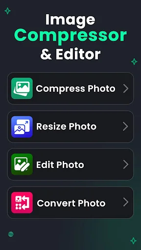 JPEG Image Compressor & Editor app main menu with four feature options: Compress Photo, Resize Photo, Edit Photo, and Convert Photo buttons on dark background