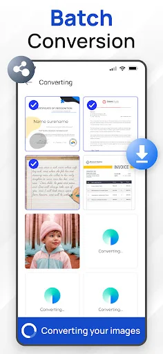 Batch image conversion tool showing multiple files converting with progress indicators and status updates