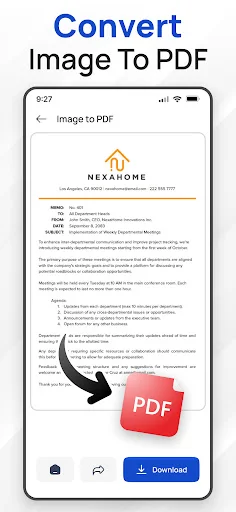 Image to PDF converter app displaying document conversion with PDF format output and download button