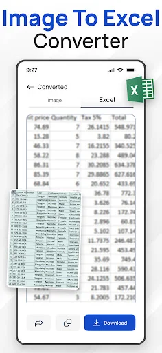Image to Excel converter app extracting table data from images and converting to spreadsheet format
