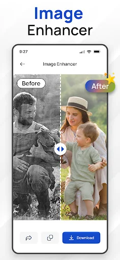 Image enhancer tool showing before and after comparison of photo quality improvement and restoration