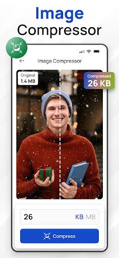 Image compressor reducing file size from 14MB to 26KB with before and after visual comparison