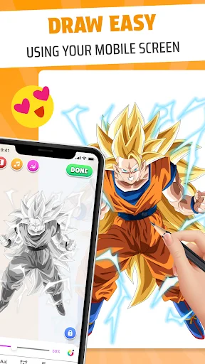 Inspire AR app drawing interface showing anime character sketch on mobile screen with AR drawing tools and colorful artwork
