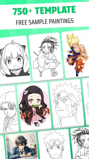 750+ free template gallery in Inspire AR app displaying anime and manga character sketches for digital art practice