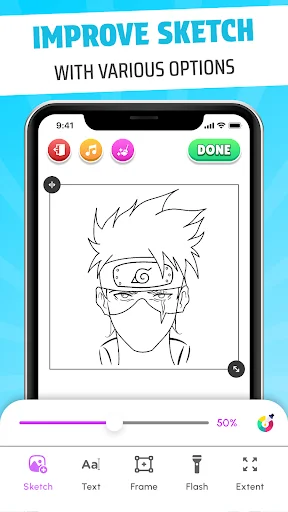 Inspire AR sketch editing interface with drawing tools, showing anime character outline and improvement options on mobile