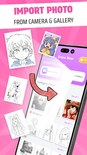 Import photo feature in Inspire AR app showing camera and gallery options to convert images into sketches for tracing