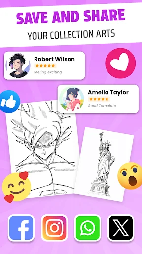 Save and share artwork in Inspire AR app with user reviews, social media sharing options and completed digital drawings