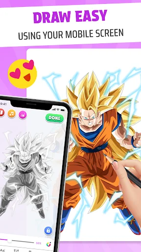 Inspire AR drawing app mobile interface showing easy sketch creation with AR camera and anime character artwork examples
