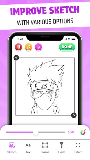 Inspire AR sketch improvement tools interface displaying drawing options, editing features and anime character outline work