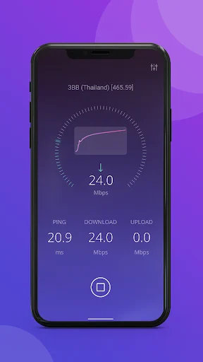 Internet speed test app showing download speed of 24.0 Mbps with gauge meter, ping 20.9ms, and upload speed measurement