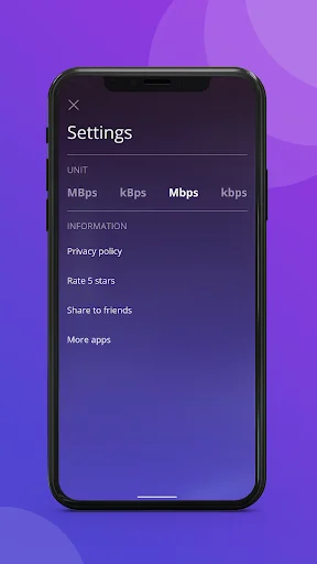 Internet speed test app settings screen with unit selection options for MBps, kBps, Mbps, kbps and information menu links