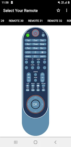 Intex TV remote REMOTE 30 with large blue circular OK button, number pad, and channel controls for smartphone operation