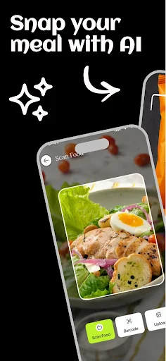 Keto AI meal scanner interface - snap food photo of eggs and salad with AI-powered macro and calorie tracking