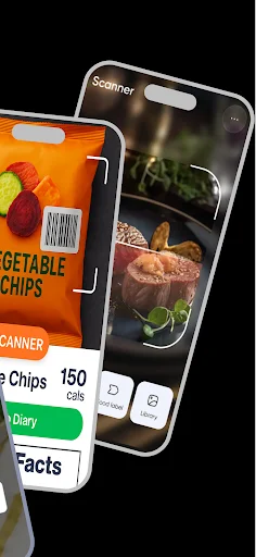 Keto AI food recognition scanning packaged and prepared meals with instant calorie and nutrition facts display