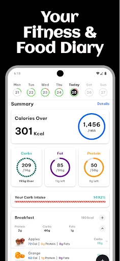 Keto AI daily food diary showing calorie intake, macro nutrients, and breakfast meal tracking dashboard