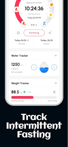 Keto AI intermittent fasting timer tracking elapsed time with water intake and weight tracker features