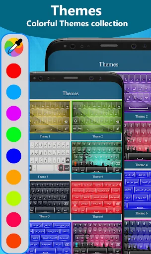 Keyboard themes collection showing multiple colorful customizable design options in purple, gold, green, red, blue and more