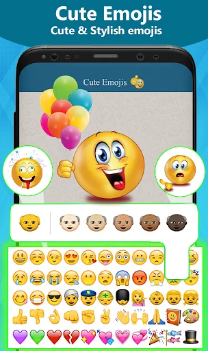 Cute and stylish emoji picker displaying smiley faces, hand gestures, hearts, and decorative symbols for messaging on keyboard