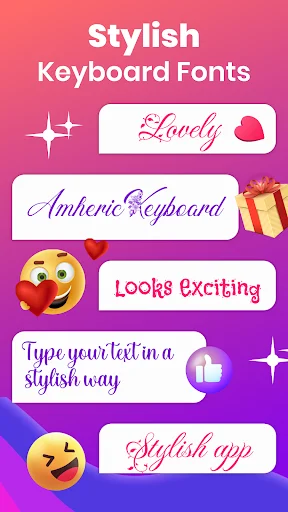 Stylish Keyboard Fonts showcase displaying multiple decorative font styles including cursive and decorative Amharic text options