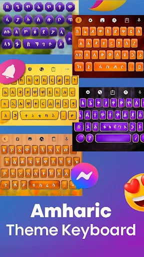 Amharic Theme Keyboard displaying six colorful keyboard layouts in purple, orange, yellow and other vibrant theme variations