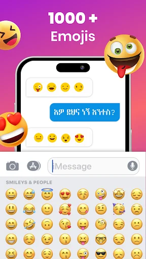 1000+ Emojis feature showing extensive emoji collection organized by categories like smileys and people for enriched messaging