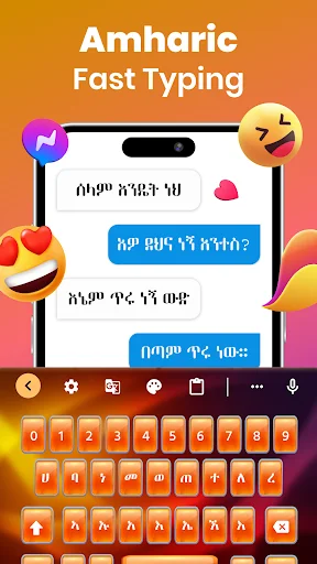 Amharic Fast Typing keyboard with orange gradient theme displaying Amharic character layout optimized for quick typing speed