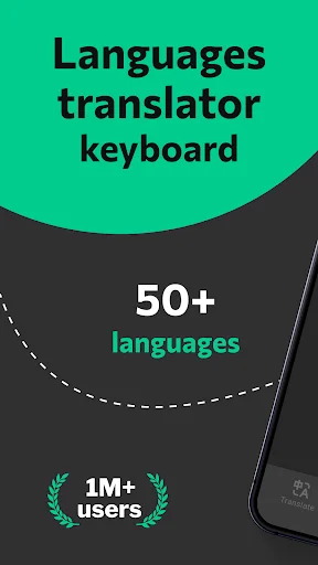 Languages translator keyboard app showcase featuring 50+ supported languages and 1M+ users with green branding design