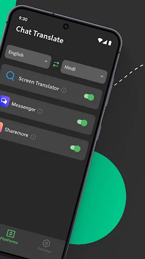 Chat Translate interface showing English to Hindi translation toggle with messaging app integrations and screen translator