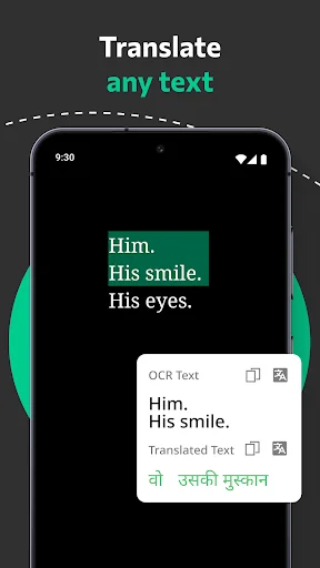 Text translation feature displaying OCR scanning capability translating English text to Hindi with instant results
