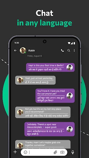 Multi-language chat interface showing real-time translation in messaging conversation with bilingual text bubbles