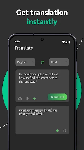 Translation app interface with English to Hindi language selection and voice input for instant text translation