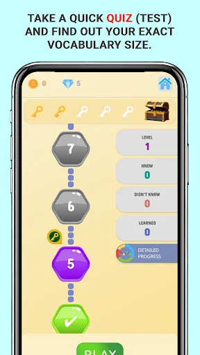 Vocabulary level progress tracker with hexagon milestones, game coins, gems, and play button for vocabulary size assessment