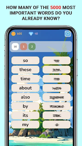 Vocabulary assessment quiz interface asking user's knowledge of 5000 most important English words with multiple choice answers