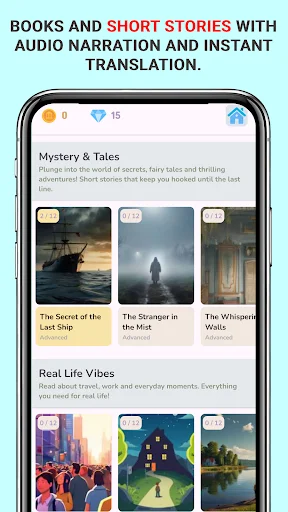 Reading library displaying books and short stories with audio narration, English translation, and difficulty levels for learners