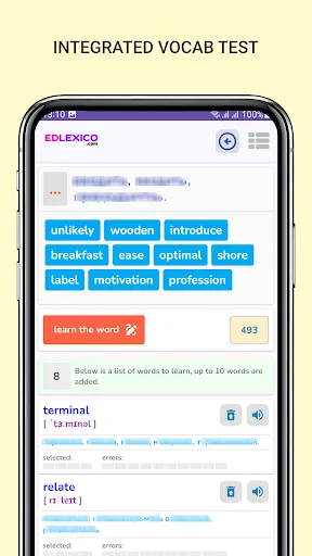 Vocabulary test interface displaying word options, definitions, pronunciations, and integrated spaced repetition learning exercises