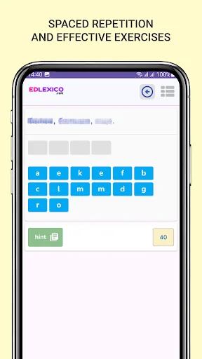 Interactive word-building game using letter tiles with hint feature and point scoring system for vocabulary practice drills